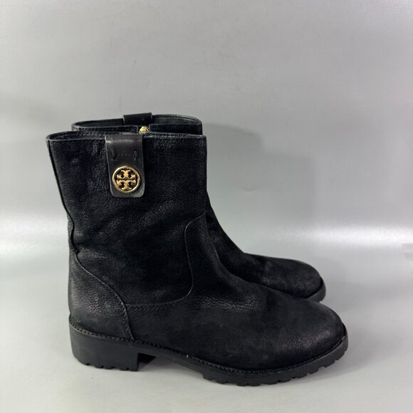 Tory Burch Oakridge Boots Black Pebbled Leather Ankle Booties, Size 8 - Picture 1 of 12